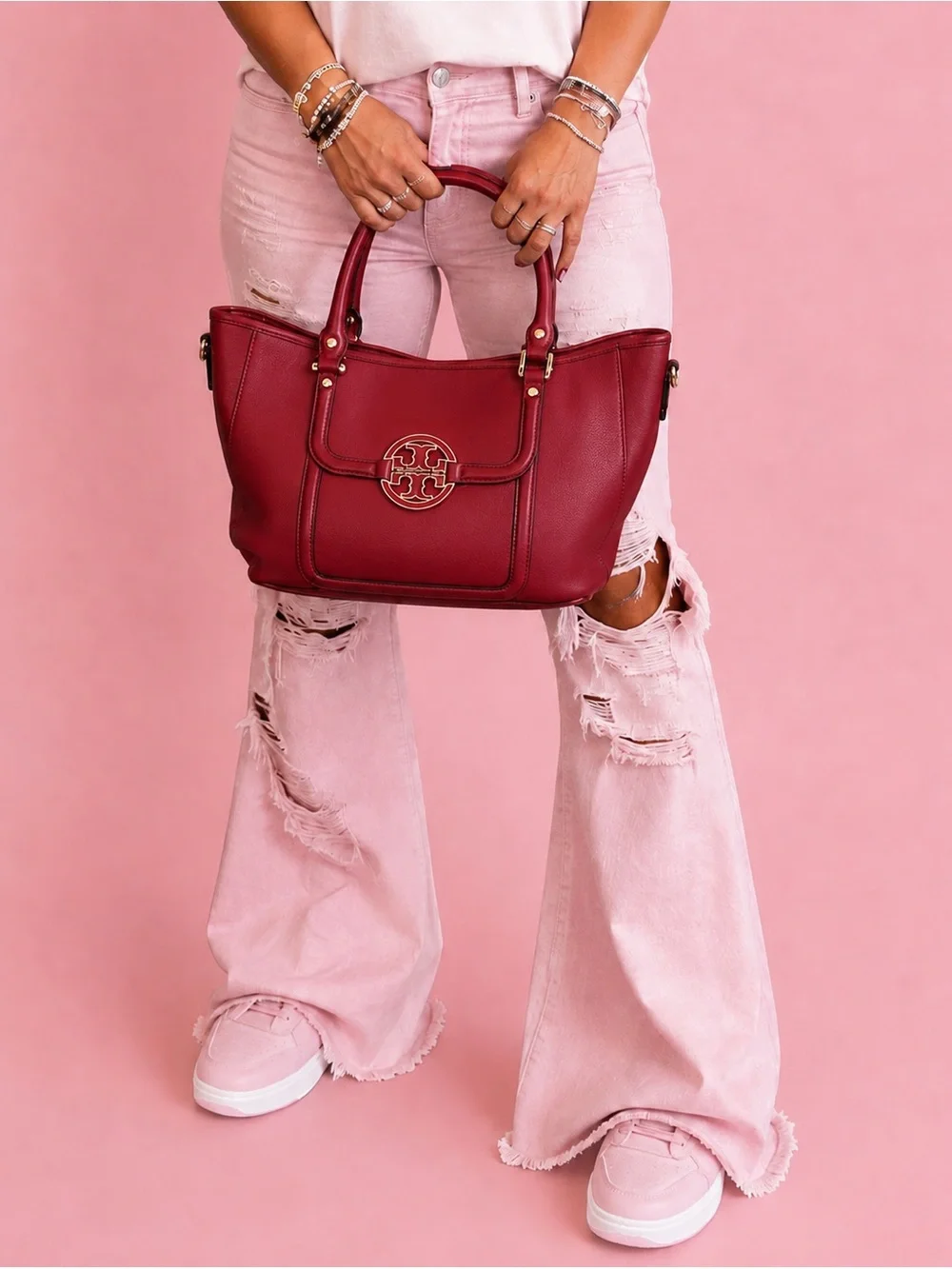 Tory Burch Amanda Pebbled Leather Red Raspberry crossbody tote bag